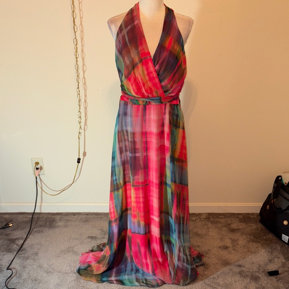 Leslie Fay Tie Dye Multicolor Halter Neck Sleeveless Maxi Dress - Picture 2 of 7